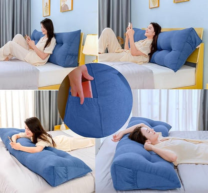 Triangular Reading Bed Rest Pillow Large Bolster Cushion Headboard Backrest Wedge Pillow with Removable Cover and Two Large Side Pockets (Golden Brown, King: 78 x 8 x 20 inches)