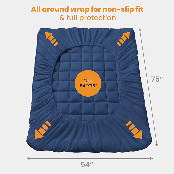 MATBEBY Full Size Mattress Pad - Cooling Breathable Mattress Topper, Quilted Fitted Mattress Protector, Pillow Top Mattress Cover with 8-21" Deep Pocket, Machine Washable, Navy Blue, 54x75 Inches