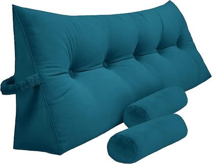 Triangular Reading Bed Rest Pillow Large Bolster Cushion Headboard Backrest Wedge Pillow with Two Detachable Roll Pillows for Neck & Lumbar Support (Teal, Queen: 59 x 8 x 20 inches)