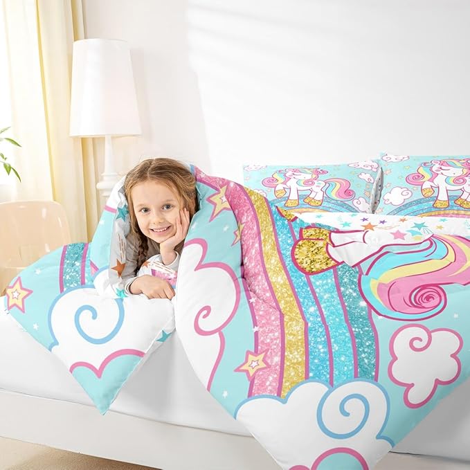Feelyou Unicorn Bedding Toddler,Star Print Rainbow Kids Comforter Sets for Girls Comforter Set,Cute Unicorn Duvet Quilt,Cute Animal Bedding Rainbow Bedroom Decor,Blue