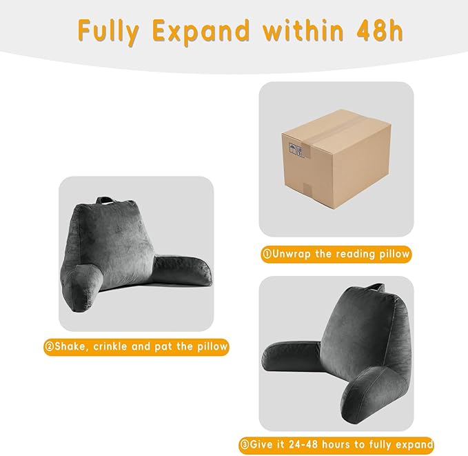 Reading Pillow for Sitting in Bed Adult, 18" H for Bed Sitting Up with Shredded Memory Foam, Back Support with Washable Cover, Backrest Pillow with Extend Arms, Gery, Large