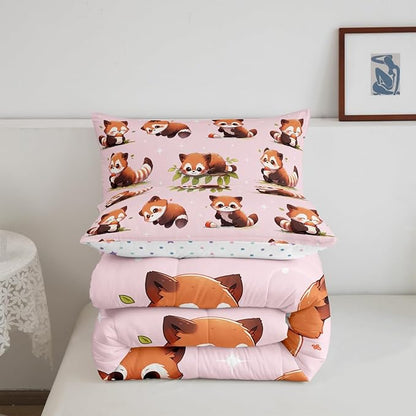 Castle Fairy Cute Raccoon Comforter Set Full Size 3 Pcs Watercolor Lovely Wild Animals Decor Bedding Set for Kids Girls Teens Glitter Stars Green Leaves Pink Microfiber Duvet Set with 2 Pillowcases