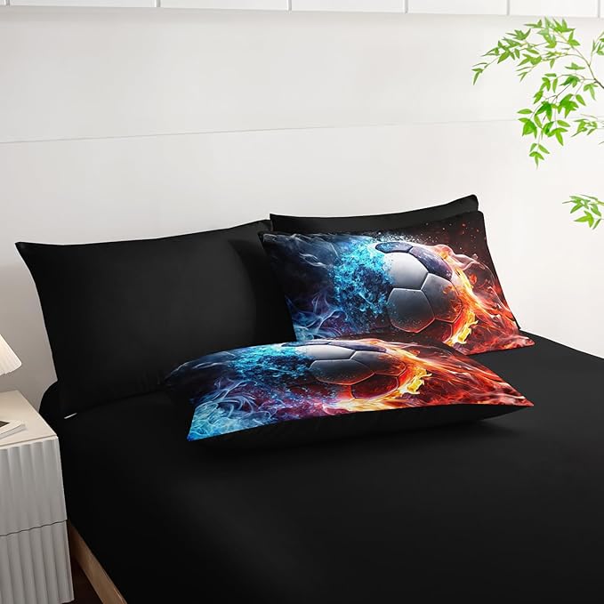 Soccer Print Comforter 7Pcs Gaming Sport Soccer Bedding Set for Kid Teen Girl Boy Adult Ball Sports Games Ice Fire Football Quilt Bed Set Twin with 2 Sheets,2 Pillowcases,2 Throw Pillow Covers