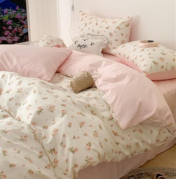 Pink Floral Duvet Cover Queen Size Romantic Flower Green Botanical Bedding Set 3Pcs Kids Girls Spring Garden Aesthetic Flowers Soft Breathable Microfiber Comforter Cover with 2 Pillowcases