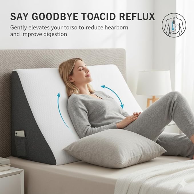 Wedge Pillow for Sleeping – Memory Foam Bed Wedge for Acid Reflux, Snoring, Back & Leg Elevation, Post-Surgery Recovery – Ergonomic Triangle Pillow with Removable White & Grey Washable Cover