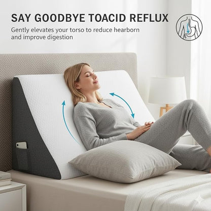 Wedge Pillow for Sleeping – Memory Foam Bed Wedge for Acid Reflux, Snoring, Back & Leg Elevation, Post-Surgery Recovery – Ergonomic Triangle Pillow with Removable White & Grey Washable Cover