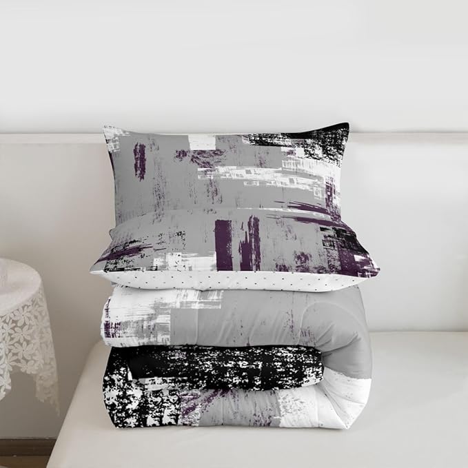 Feelyou Abstract Bedding Set Kids Modern Abstract Art Comforter Set Purple Grey Black Comforter for Boys Room Decor Lightweight Retro Duvet Set Queen Size with 2 Pillow Case