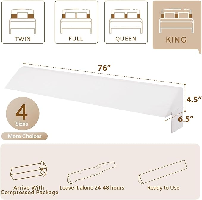 Bedluxe King Wedge Pillow Headboard, Bed Wedge Pillow for Headboard, Bed Gap Filler King - Fill The Gap (0-3.5"), Mattress Gap Filler(White, 76"x6.5"x4.5")