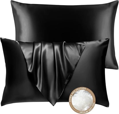 BHZ Black Satin Goose Down Feather Pillows King Size Set of 2 with Black Satin Pillowcase for Hair and Skin, Cooling Pillow Cases Similar to Silk Pillow Cases, Decor for Women, Mom