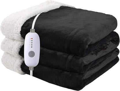 Heated Blanket Electric Throw 50''x60'', 3 Hour Auto Shut-Off 5 Heating Levels Small Warm Soft Flannel Electric Blanket Machine Washable - Black