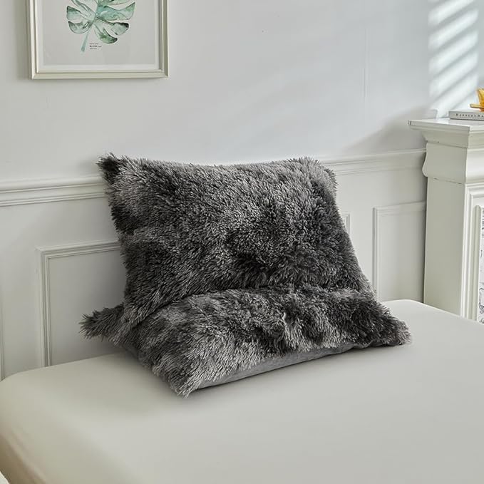 Wajade Faux Fur Plush Tie Dye Dark Grey White Comforter Set Fluffy Fuzzy Shaggy Bedding Set - 3PC King Size Microfiber Soft Warm Quilt Set