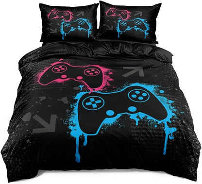 Full Size Comforter Cover with Pillowcases - Gamer Bedding Set & Duvet Cover Set, Dual-Tone Pink/Blue Controller Design, Themed Room Decor for Teen Gamers (Dynamic Gaming Theme)