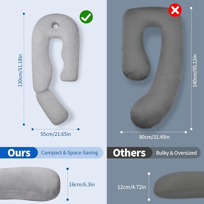 Pozico U-Shaped Full Body Pillow for Side Sleepers – 51-Inch Cooling Pregnancy Pillow with Ear Piercing Design for Neck, Back, and Hip Support – Removable Washable Cover Space-Saving Design