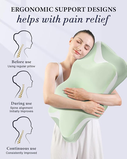 Cervical Neck Pillow, Cooling Ergonomic Memory Foam Pillows for Deep Sleep with Luxury Washable Pillowcase, Contour Orthopedic Neck Support Bed Pillows for Side Back Stomach Sleepers Queen Size-Green