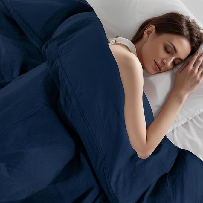 NEXHOME PRO Twin Duvet Cover Set, 100% Certified Organic Cotton with Washed Feel & Linen Like Texture, Comfortable & Breathable, Home Bedding Set Navy (No Comforter)