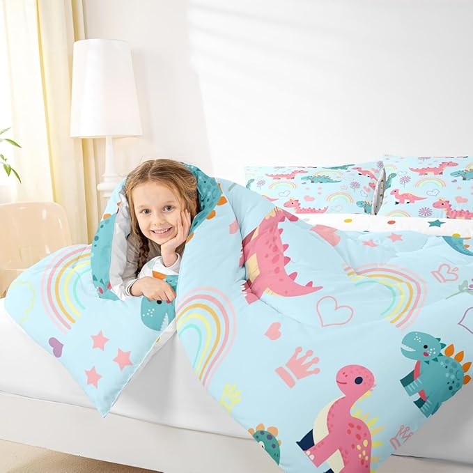 Kawaii Dino Kids Comforter Set Twin Size,Cute Rainbow Floral Love Heart Reversible Bedding Set for Teens Bedroom,Blue Pink Dinosaur Cartoon Animal Quilted Duvet with 1 Pillowcase