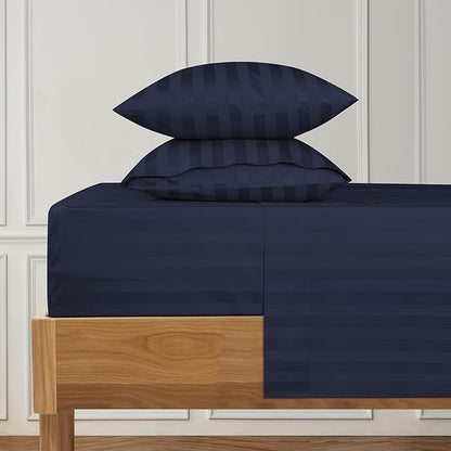 URBANHUT 1000 Thread Count Damask Striped Queen Sheet Set Egyptian Cotton Sheets, Long Staple Soft & Breathable, 4 Pc Bed Sheet Sets, Luxury Hotel Sateen Sheets Fits 16" Deep Pocket - Navy Blue