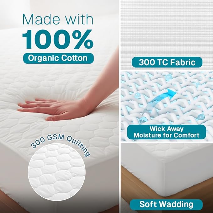 FABDREAMS Organic Quilted Mattress Protector Twin Size | Mattress Pad| Mattress Cover| Naturally Breathable | Noiseless| Fits up to 17" Deep Pockets| Temperature Regulating | Twin | White
