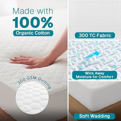 FABDREAMS Organic Quilted Mattress Protector | King Mattress Pad| Mattress Cover| Naturally Breathable | Noiseless| Fits up to 17" Deep Pockets| Temperature Regulating | King | White