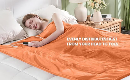 Electric Heated Blanket,Flannel & Sherpa Heated Queen Blanket 84"x90",Fast Heating Soft Fleece Blanket with 8 Heating Levels & 8H Auto Off-Orange