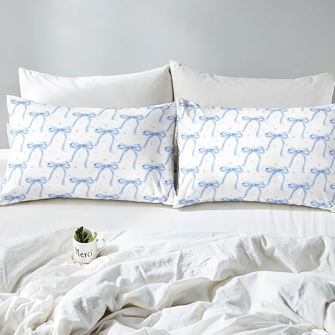 Cartoon Bowknot Girls Duvet Cover Set Full Size Kids Bow Tie Princess Bedding Sets 3Pcs for Child Girly Woman Room Decor, Butterfly Knot Comforter Cover with 2 Pillowcases (No Comforter) Blue