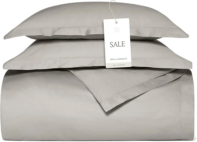 BOLL & BRANCH Signature Hemmed Duvet Set - Twin/Twin XL, Pewter - Luxury 100% Organic Cotton - 1 Duvet Cover, 2 Shams - Buttery Soft, Hidden Closures