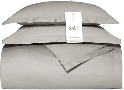 BOLL & BRANCH Signature Hemmed Duvet Set - Full/Queen, Pewter - Luxury 100% Organic Cotton - 1 Duvet Cover, 2 Shams - Buttery Soft, Hidden Closures