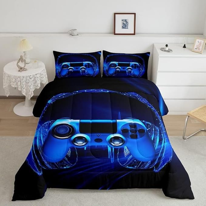 Feelyou Gamer Bedding Set Kids Video Game Gamepad Comforter Set for Boys Teens Gaming Headset Comforter Breathable Blue Game Controller Duvet Set Room Decor Quilt Set Toddler Size