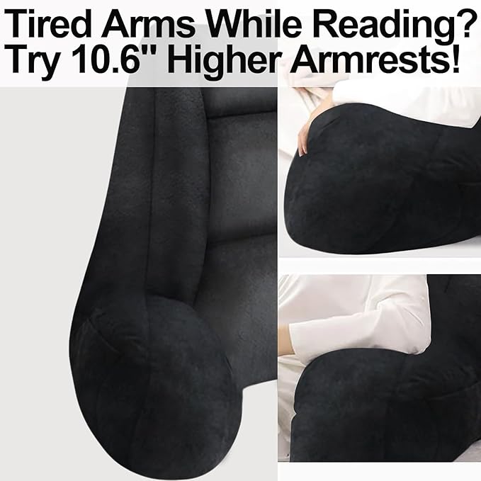 RRPAHWTV Reading Pillow for Bed with High Arm Rests,Back Support Pillow for Sitting Up in Bed with Shredded Memory Foam for Reading, TV, Gaming or Relaxing on Floor（Black，Small）