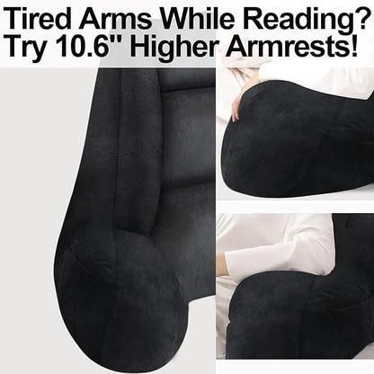 RRPAHWTV Reading Pillow for Bed with High Arm Rests,Back Support Pillow for Sitting Up in Bed with Shredded Memory Foam for Reading, TV, Gaming or Relaxing on Floor（Black，Small）
