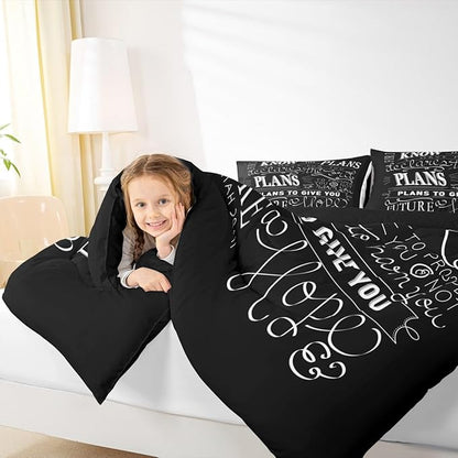 Feelyou Kids Vintage Bible Verse Comforter Set Christian Bible Verse Jeremiah Comforter Set for Boys Children Teens Bedroom Decor Modern Comforter Black Duvet Set Full Size with 2 Pillow Case
