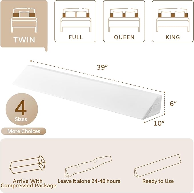 Bedluxe Twin Bed Wedge Pillow for Headboard, Headboard Pillow, Bed Gap Filler, Mattress Wedge - Fill The Gap (0-7") Between Headboard and Mattress (White, 39"x10"x6")