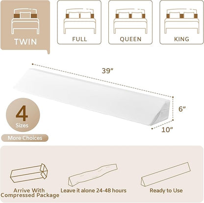 Bedluxe Twin Bed Wedge Pillow for Headboard, Headboard Pillow, Bed Gap Filler, Mattress Wedge - Fill The Gap (0-7") Between Headboard and Mattress (White, 39"x10"x6")