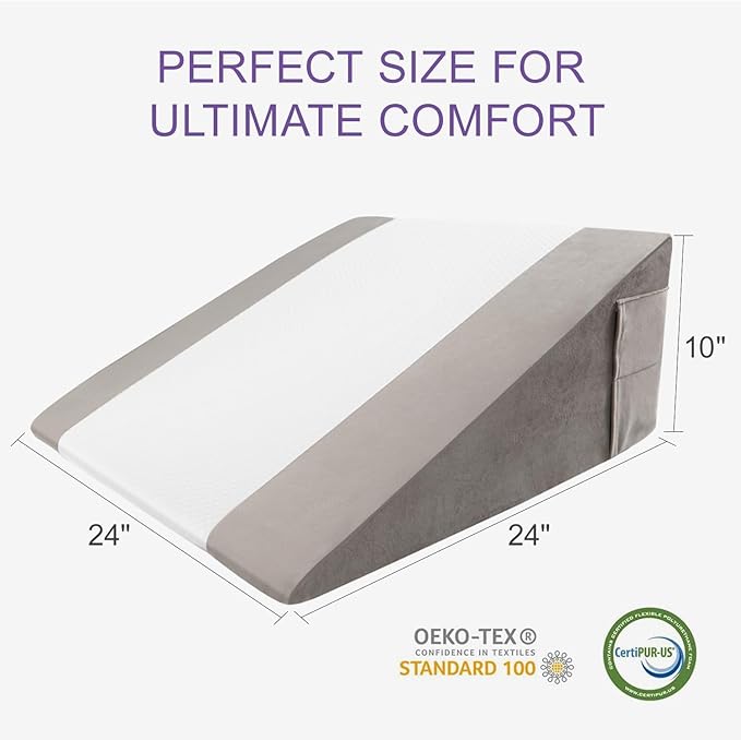 Memory Foam Bed Wedge Pillow (10"x24"x24") - Acid Reflux & Back Pain Relief, Anti-Snoring Incline Design, Removable Washable Cover for Sleep & Post-Surgery Support