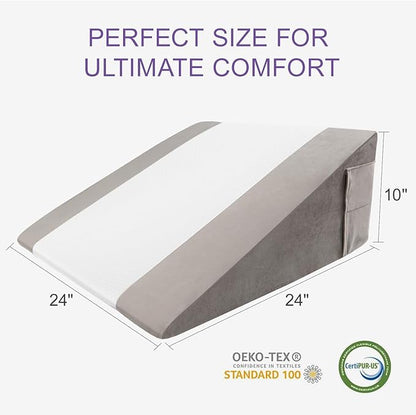 Memory Foam Bed Wedge Pillow (10"x24"x24") - Acid Reflux & Back Pain Relief, Anti-Snoring Incline Design, Removable Washable Cover for Sleep & Post-Surgery Support