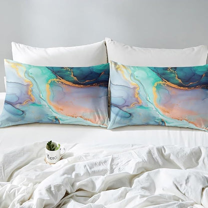 Castle Fairy Green Marble Duvet Cover Queen for Children,Emerald Gem Style Marbling Bedding Set Room Decor Comforter Cover,Luxury Golden Ripple Quilt Cover with 2 Pillowcases, 3 Pieces
