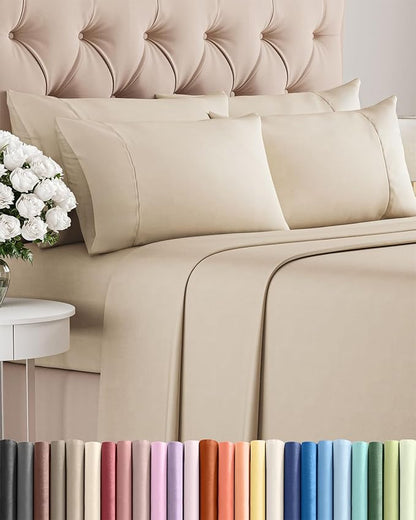 King Sheets Set 6 Piece - Includes 4 Pillowcases - Bed Sheets King Size - Soft Hotel Luxury Bedding - Cooling, Comfy, Fade Free & Breathable - 1 Flat & 1 Fitted & 4 Pillowcases w/ Deep Pockets - Wheat