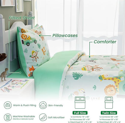 SANDJEST Jungle Animal Comforter Set Full Size 98x86in for Kids Boys, Microfiber 4 Pcs Bedding Set Includes 1 Comforter, 2 Pillowcases, 1 Fitted Sheet, Nursery Room Decor