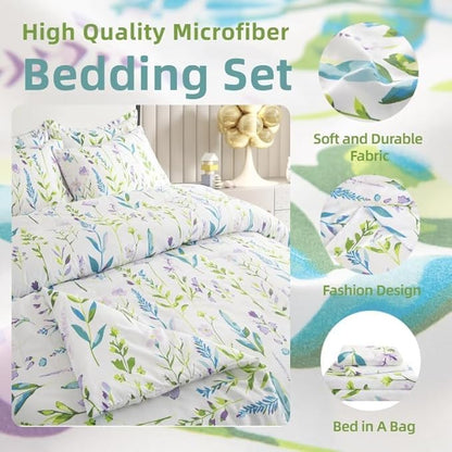 SDY 7PCS Floral Bedding Set Full Size Bedding Set Girl Boys Kids,Bed in A Bag Full with Floral Comforter, Flat Sheet, Fitted Sheet and Pillowcases & Shams