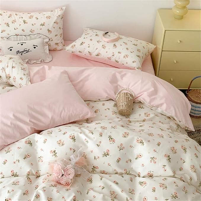 Pink Floral Duvet Cover Queen Size Romantic Flower Green Botanical Bedding Set 3Pcs Kids Girls Spring Garden Aesthetic Flowers Soft Breathable Microfiber Comforter Cover with 2 Pillowcases