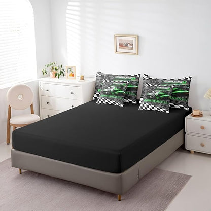 Feelyou Green Racing Car 7 Piece Bedding Set Queen Size Kids Boys Speed Race Car Comforter Set with Sheets for Teens Toddler Extreme Sports Bed in a Bag Camouflage Bed Set