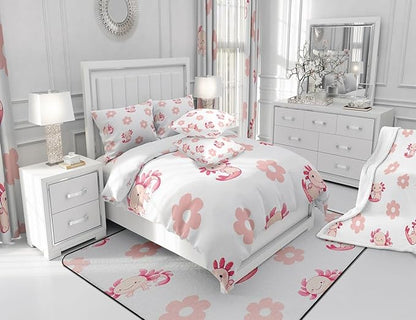 Pink Axolotl Daisy Comforter Set Lovely Cartoon Wild Sealife Decor Bedding Comforter for Kids Girls Teens Watercolor Groovy Hippie Flowers Dreamy Bedroom Quilt Set with 2 Pillowcases King Size 3 Pcs