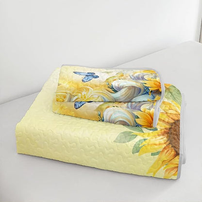 Kawaii Yellow Unicorn Flowers Quilts Bedding Full 3Pcs Tie-Dye Sunflower Butterfly Bed Set Dreamy Animal Pattern Bedspread Coverlet with 2 Pillowcases for Kid Boy Girl Teen Adult Room Decor