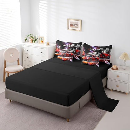 Feelyou Red Racing Car 7 Piece Bedding Set Twin Size Extreme Sport Comforter Set with Sheets for Kids Boys Girls Teens Toddler Fast and Furious Bed in a Bag Black White Flag Bed Set