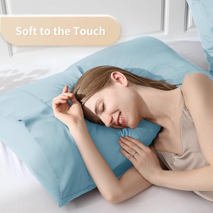 Queen Pillowcases, Cooling Viscose from Bamboo Pillow Covers with Envelope Closure, Soft Moisture-Wicking for Hot Sleepers, Hair and Skin-Friendly, Aqua Blue, 2 Pack