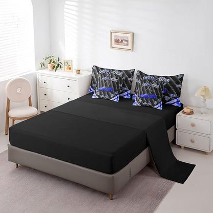 Feelyou Blue Race Car 7 Piece Bedding Set Twin Size Extreme Sports Comforter Set with Sheets for Kids Teens Adult Fast and Furious Bed in a Bag Dazzling Flag Bed Set