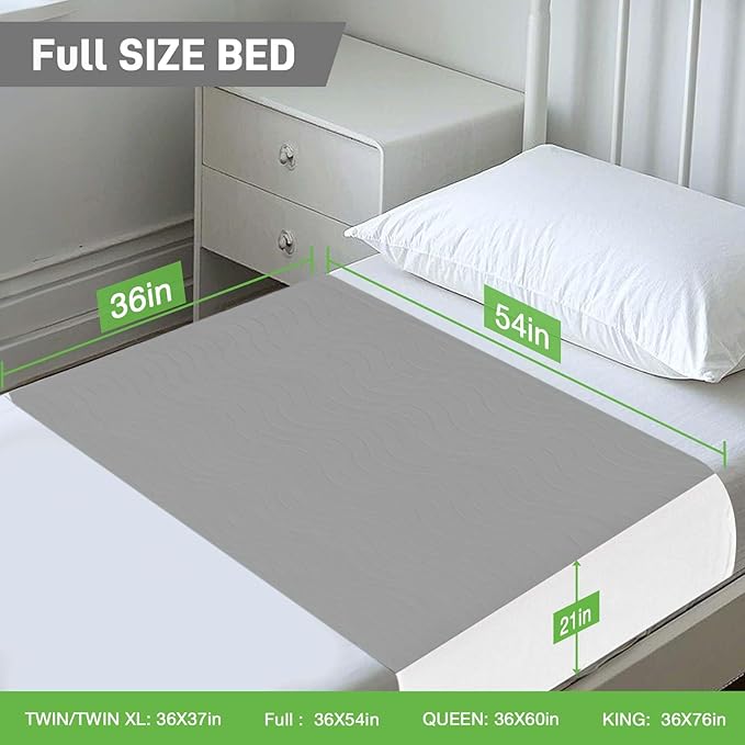 Bed Pads Washable Waterproof for Incontinence Adults, Reusable Wetting Pad Mattress Protector Underpads Tuckable Quick Dry, Fits Full Size Bed, 36" x 54", Gray