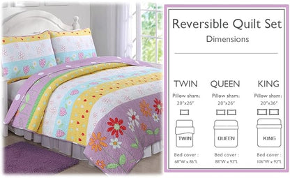 Cozy Line Home Fashions Floral Heart Print Reversible Girl Bedding Quilt Set, Bedspread, Coverlet (Flower Garden, Twin - 2 Piece)