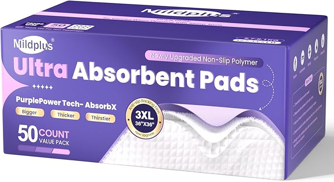 130 Grams Heavy Duty Bed Pads 36''X36'', 50 Count Disposable Purple Underpads, Extra Large XXXL Chucks Pads, 3X Thicker Incontinence Pads for Adults, Kids or Pets from MILDPLUS