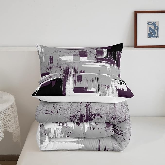 Feelyou Abstract Bedding Set Kids Modern Abstract Art Comforter Set Purple Grey Black Comforter for Boys Room Decor Lightweight Retro Duvet Set Toddler Size with 1 Pillow Case